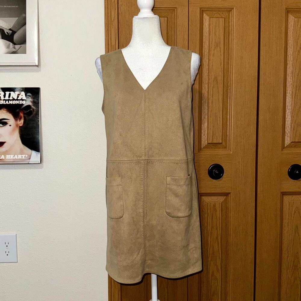 Max Studio Shift Dress Womens Large Tan Faux Suede Stretch V-Neck Boho Chic
